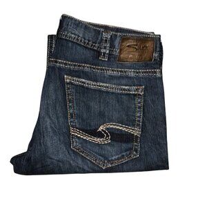 Silver Zac Straight Leg Jeans Mens 38 34 Medium Wash Distressed Embroidered